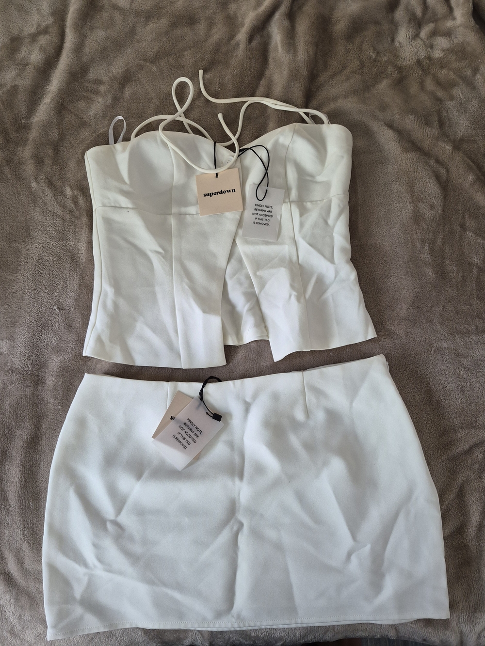 Superdown White Two-Piece Corset Top & Mini Skirt Set